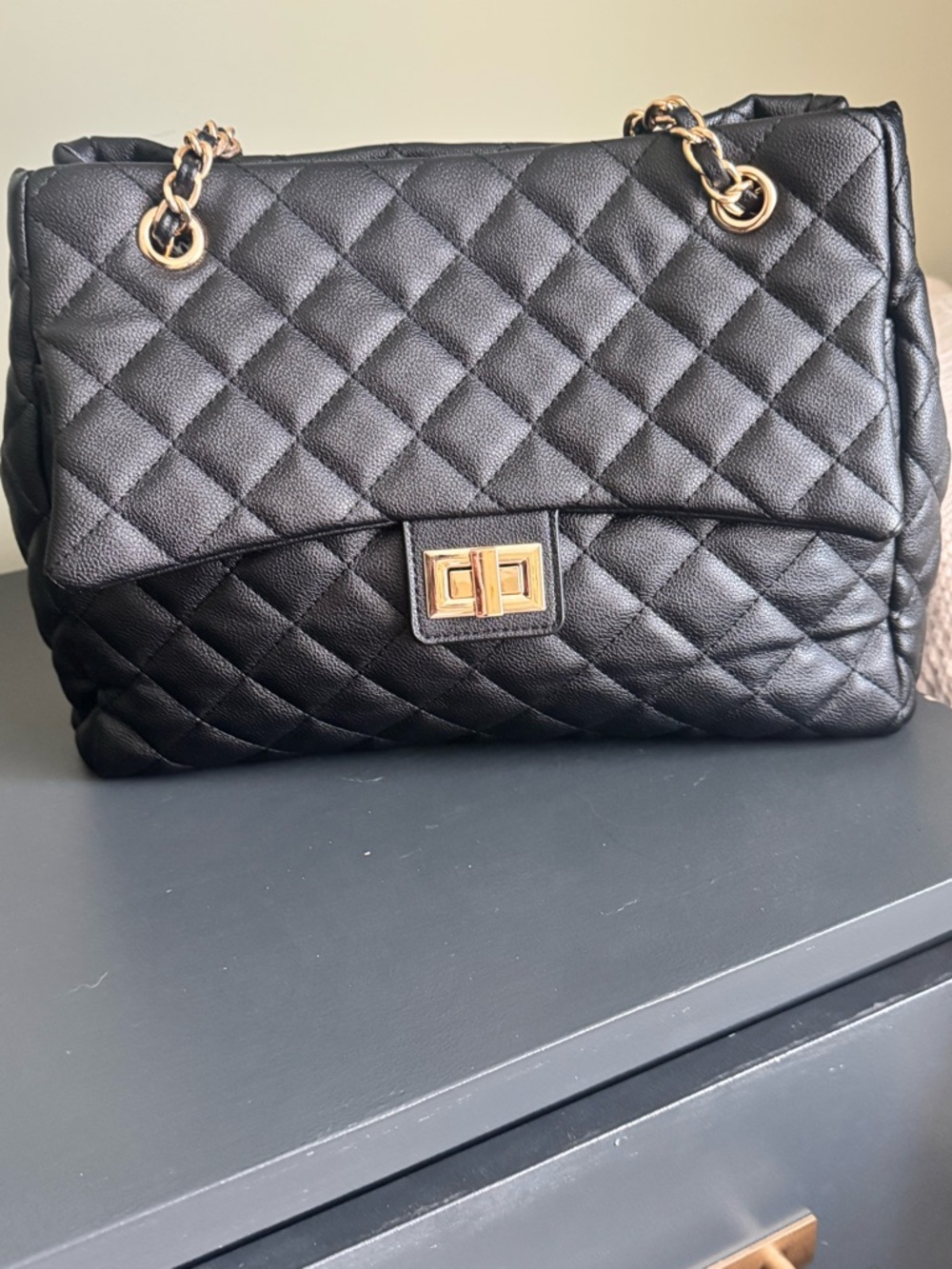 Ello Black diamond Quilted “Shirley”Shoulder Bag Vegan caviar texture Leather
